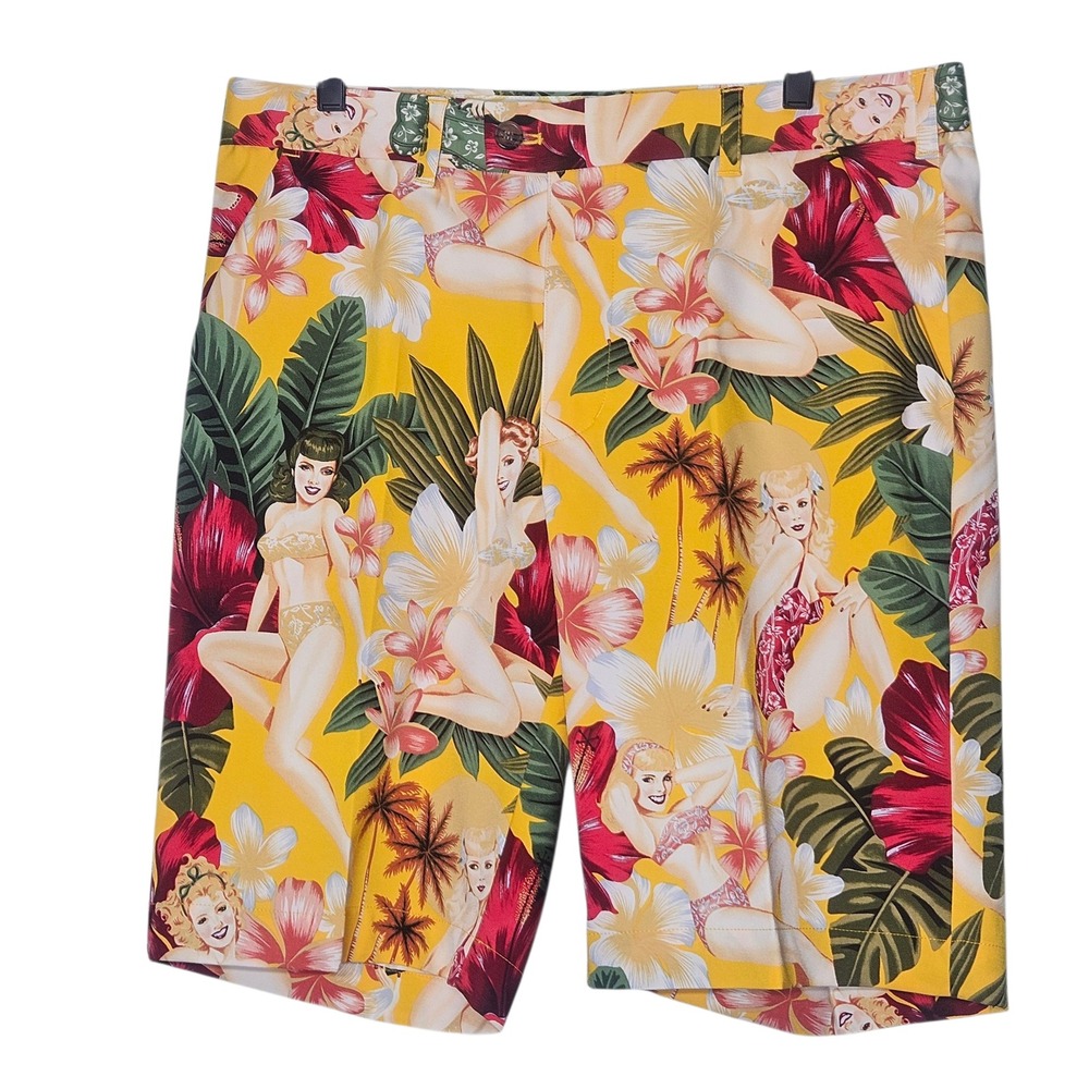 Loudmouth NWOT Shorts Mens 34 Yellow Floral Pinup Tropical Golf Casual John Daly
